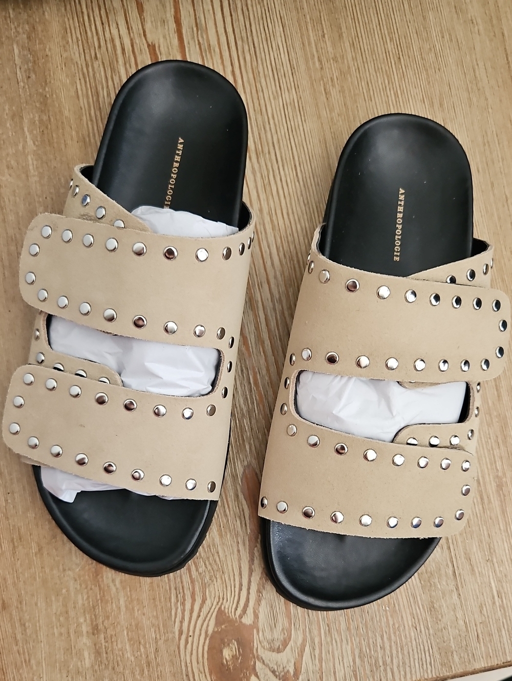 Anthropologie Beige Double-Strap Stud Slide Sandals